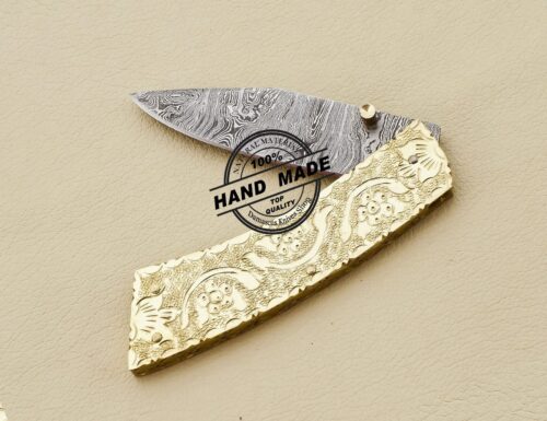 Damascus Folding Knife Damascus Steel Pocket Knife Handmade Engraving on Brass Handle 3210 - Image 6