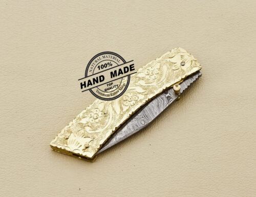 Damascus Folding Knife Damascus Steel Pocket Knife Handmade Engraving on Brass Handle 3210 - Image 7
