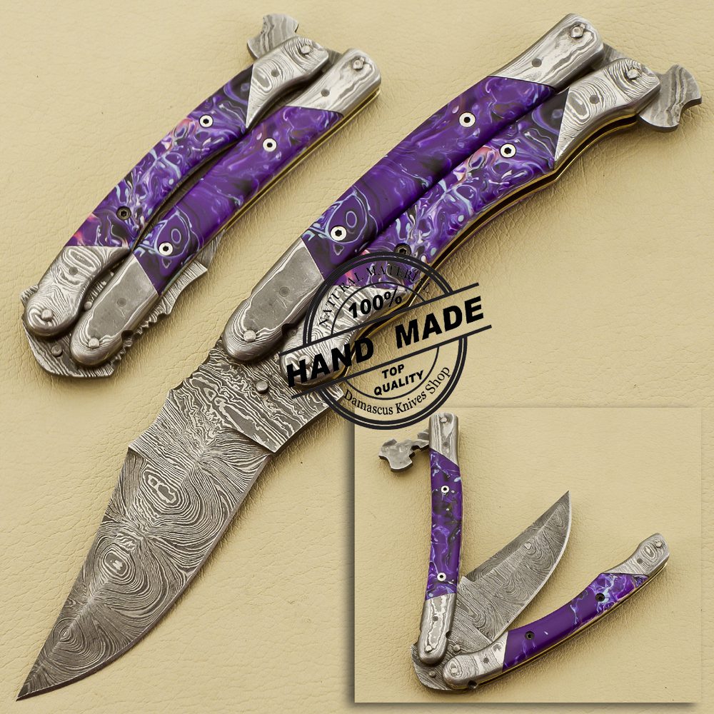 Purple Handle Damascus Knife - Groovy Guy Gifts