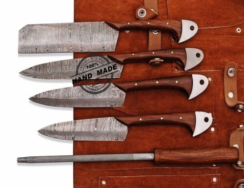 Damascus Steel Kitchen Chef Knives Set, Leather, BBQ Knife Set, Professional Cooking Tools - Image 2