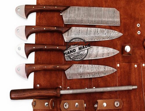 Damascus Steel Kitchen Chef Knives Set, Leather, BBQ Knife Set, Professional Cooking Tools - Image 3